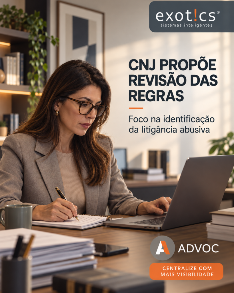 Advogada trabalhando em escritório com chamada sobre revisão do CNJ e gestão jurídica com Advoc