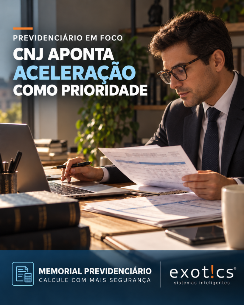 Advogado analisando cálculos previdenciários no notebook, com chamada para testar o Memorial Previdenciário