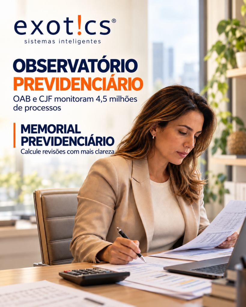 Advogada previdenciarista analisando documentos, com chamada sobre o Observatório Previdenciário