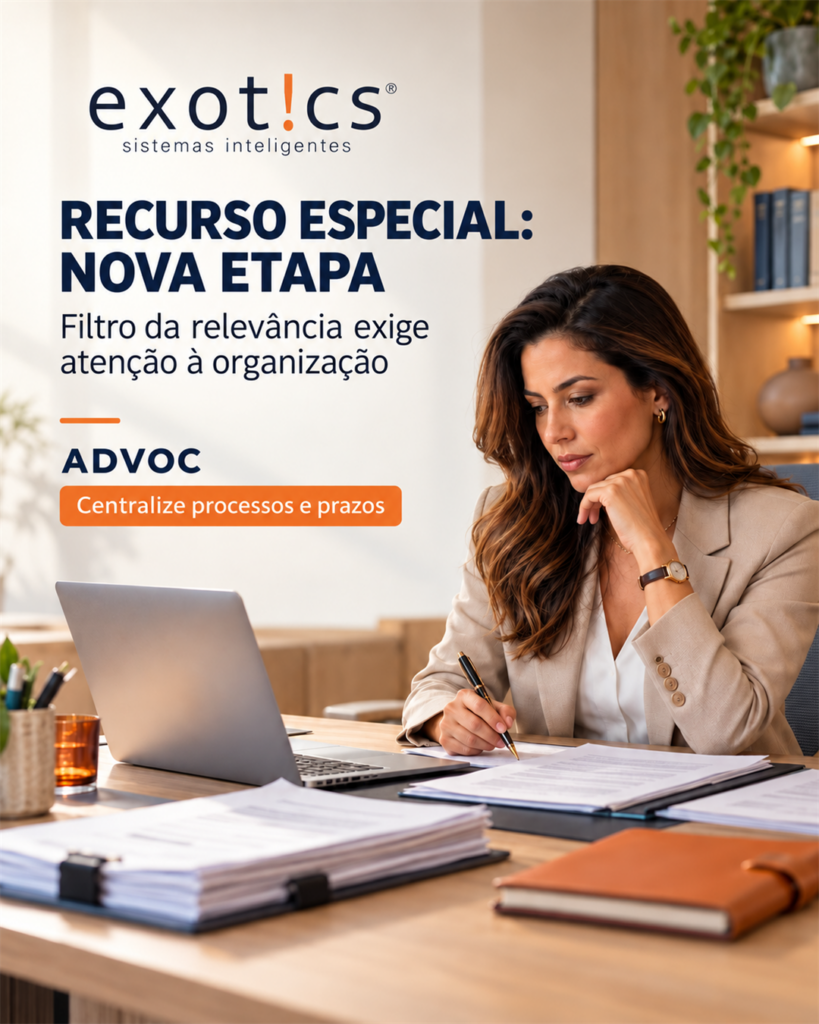Advogada trabalhando em escritório com destaque para a organização de recursos especiais e o sistema Advoc
