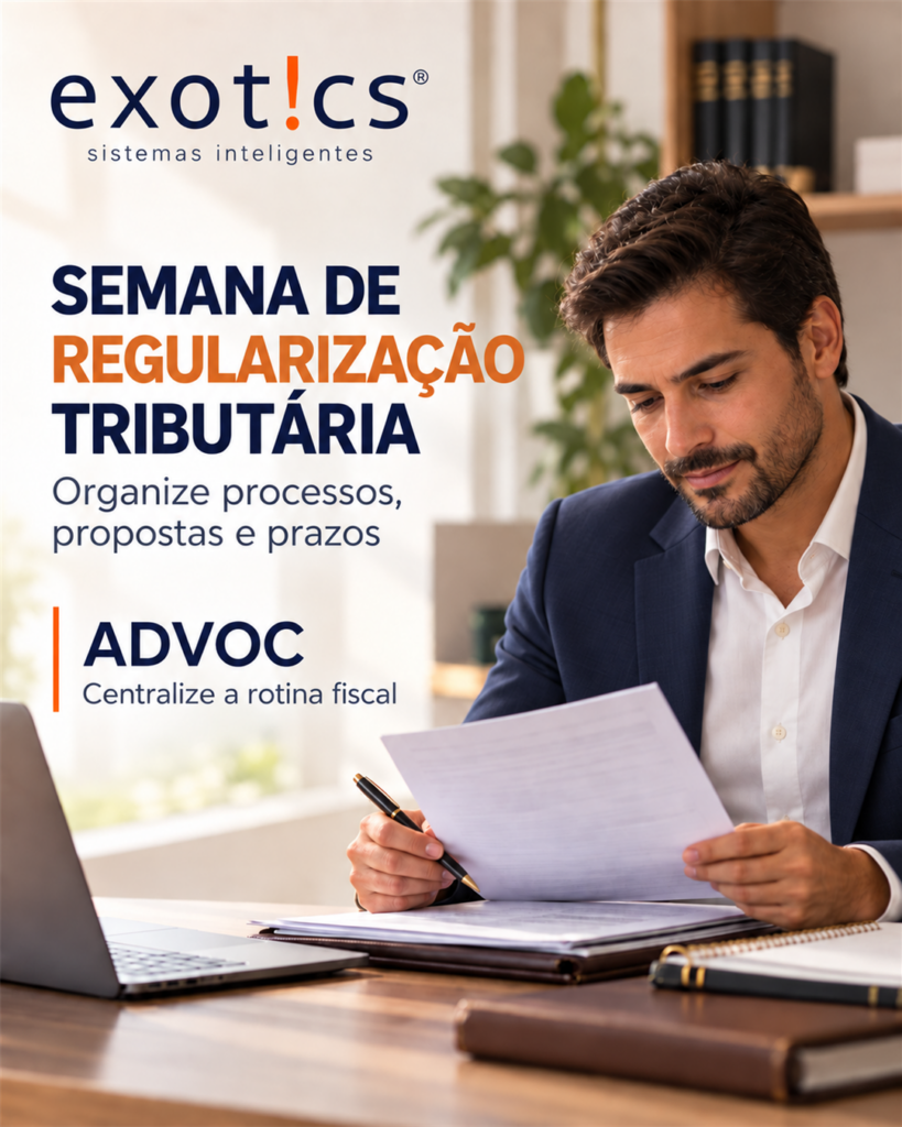 Advogado de terno azul-marinho analisando documentos de execução fiscal em arte sobre a Semana de Regularização Tributária