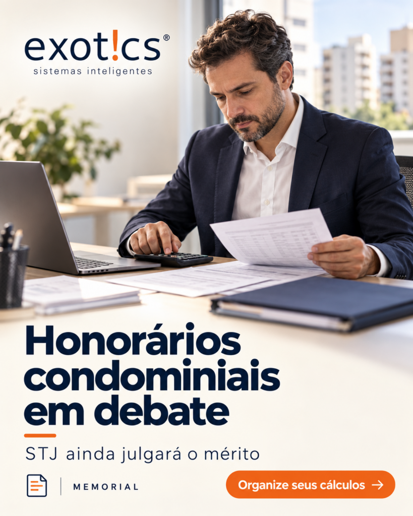 Advogado de terno azul-marinho confere um demonstrativo com calculadora em escritório, em capa sobre honorários condominiais e o Memorial.