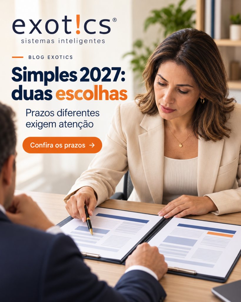 Profissional de contabilidade de blazer claro compara documentos com um colega, em capa sobre as duas escolhas relacionadas ao Simples Nacional em 2027.