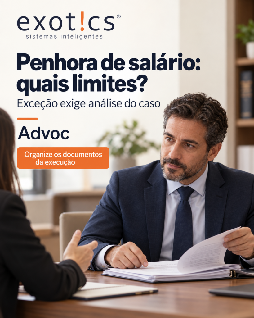 Advogado de terno azul-marinho revisa um conjunto de documentos com uma colega em mesa de escritório iluminada por luz natural suave.