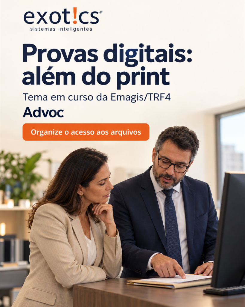 Advogado de terno azul-marinho e colega de blazer bege analisam documentos junto a um monitor em escritório iluminado por luz natural.