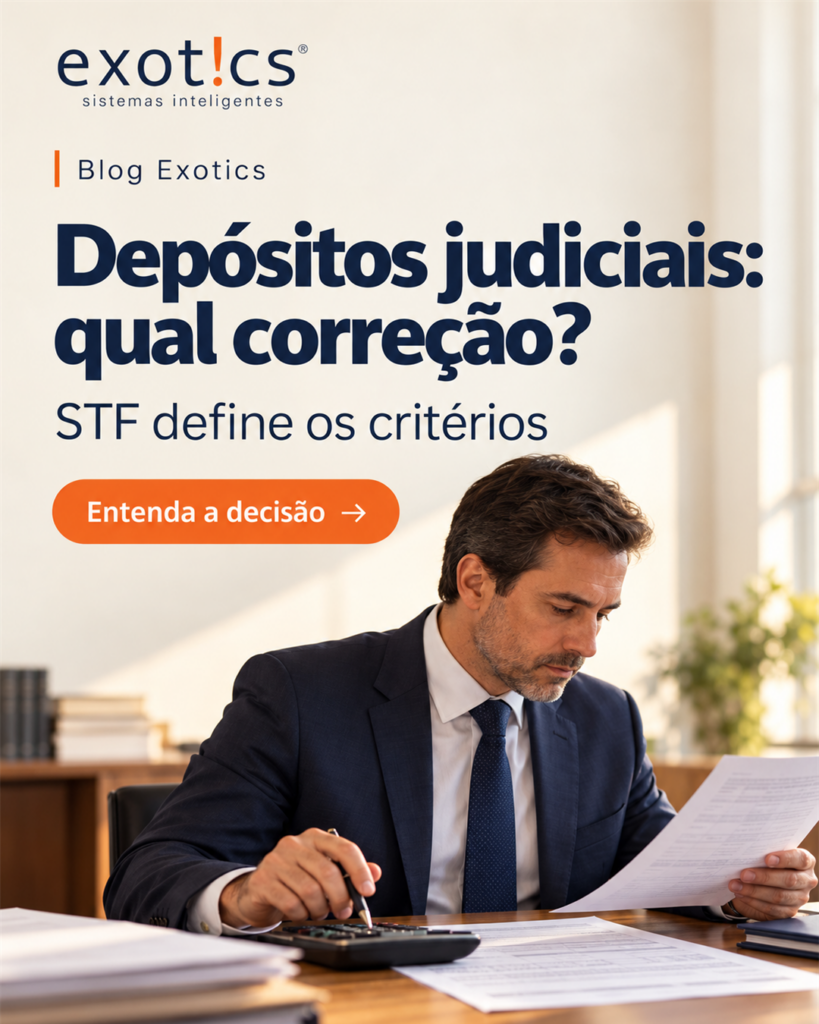 Advogado de terno azul-marinho revisa documentos e cálculos; capa sobre os critérios do STF para correção de depósitos judiciais.